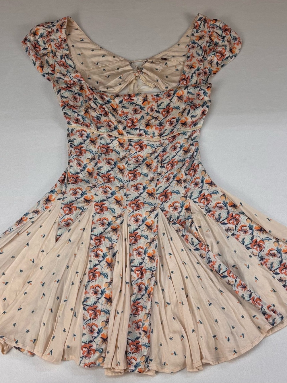 Free People M Floral Godet Mini Dress Open Tie Back Cottagecore Boho